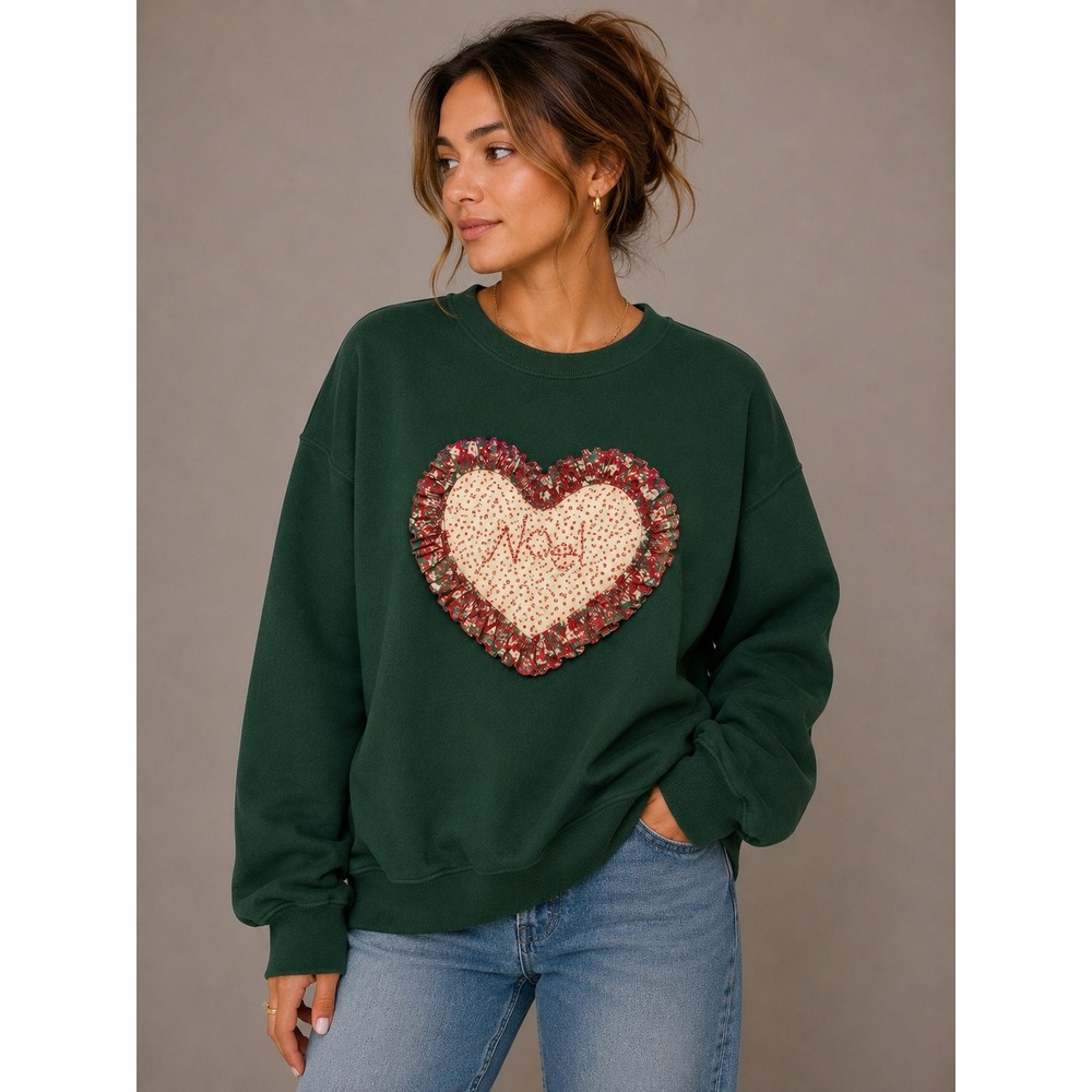 Vintage Jerzees Noel Heart Ruffle Christmas Sweatshirt Green XL‎ Made in USA